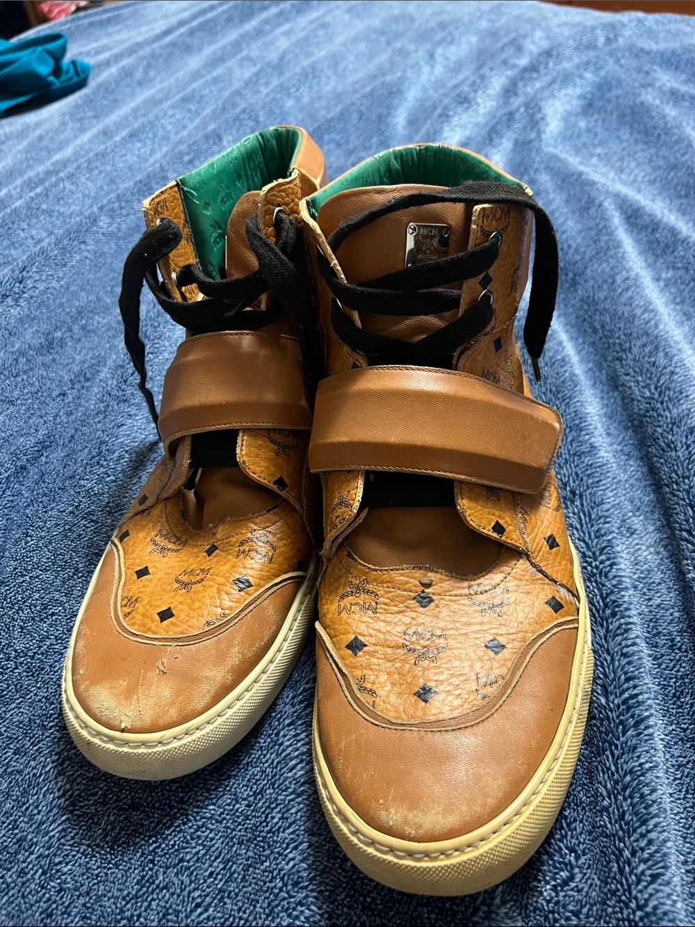 MCM Tan Monogram High-Top Sneakers with Green Lining